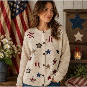 Northern Isles Cotton Patriotic Stars Cardigan Sweater Women's S Americana